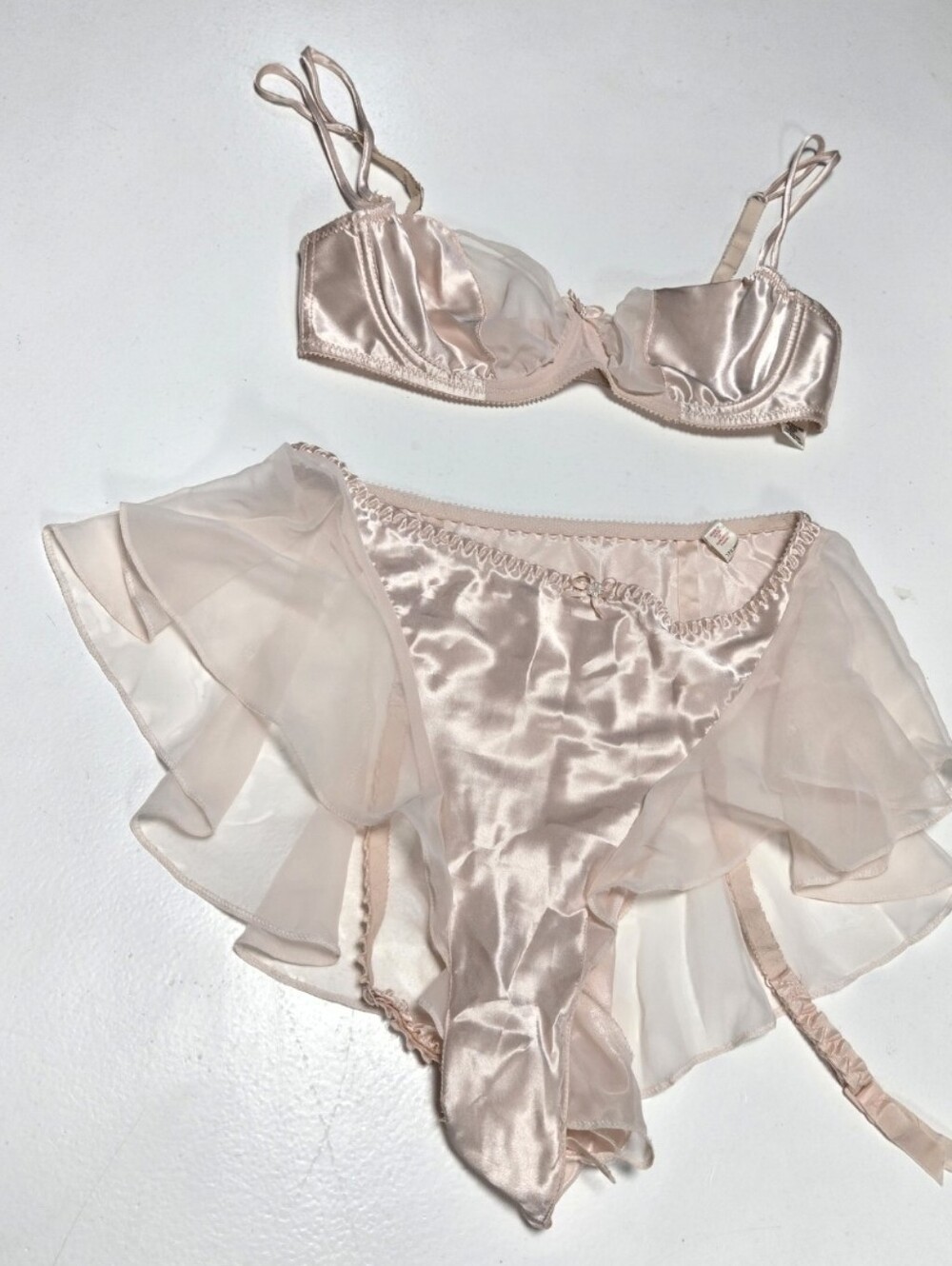 vintage Jezebel blush-pink satin chiffon lingerie set Coquette Balletcore Medium